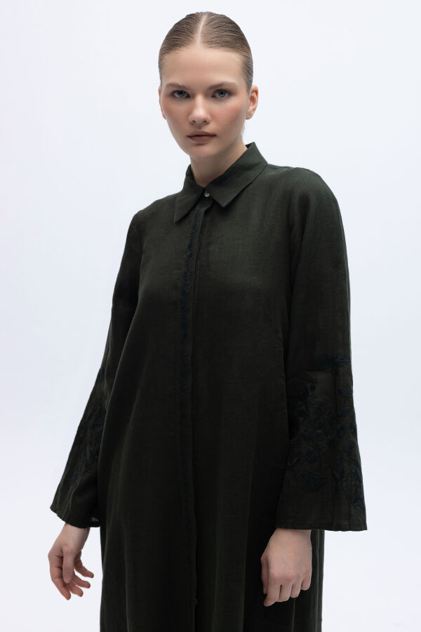 Kolları Nakışlı Uzun Keten Elbise Siyah - 3