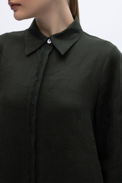 Kolları Nakışlı Uzun Keten Elbise Siyah - 4