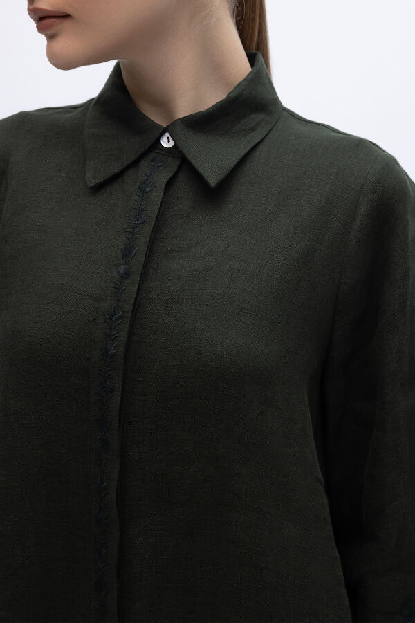 Kolları Nakışlı Uzun Keten Elbise Siyah - 4