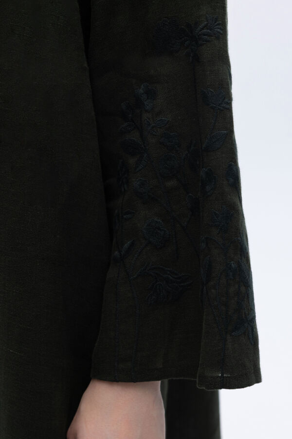 Kolları Nakışlı Uzun Keten Elbise Siyah - 5