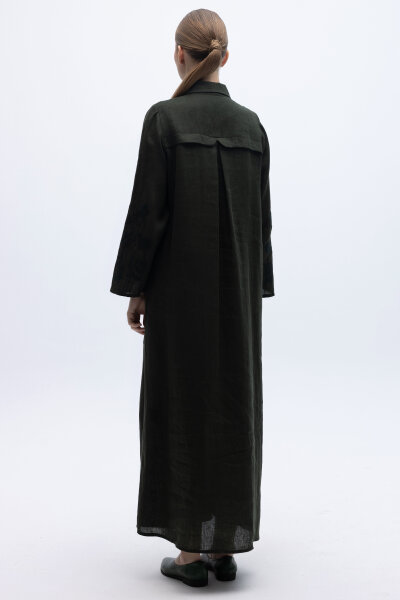 Kolları Nakışlı Uzun Keten Elbise Siyah - 6