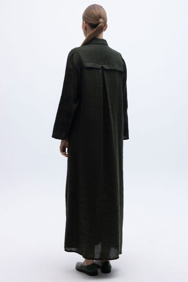 Kolları Nakışlı Uzun Keten Elbise Siyah - 6