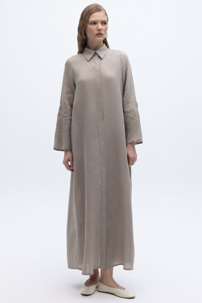Kolları Nakışlı Uzun Keten Elbise Stone 