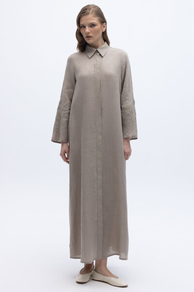 Kolları Nakışlı Uzun Keten Elbise Stone - 2