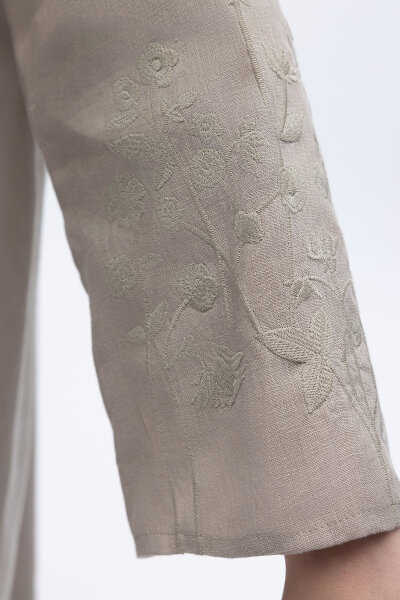 Kolları Nakışlı Uzun Keten Elbise Stone - 3