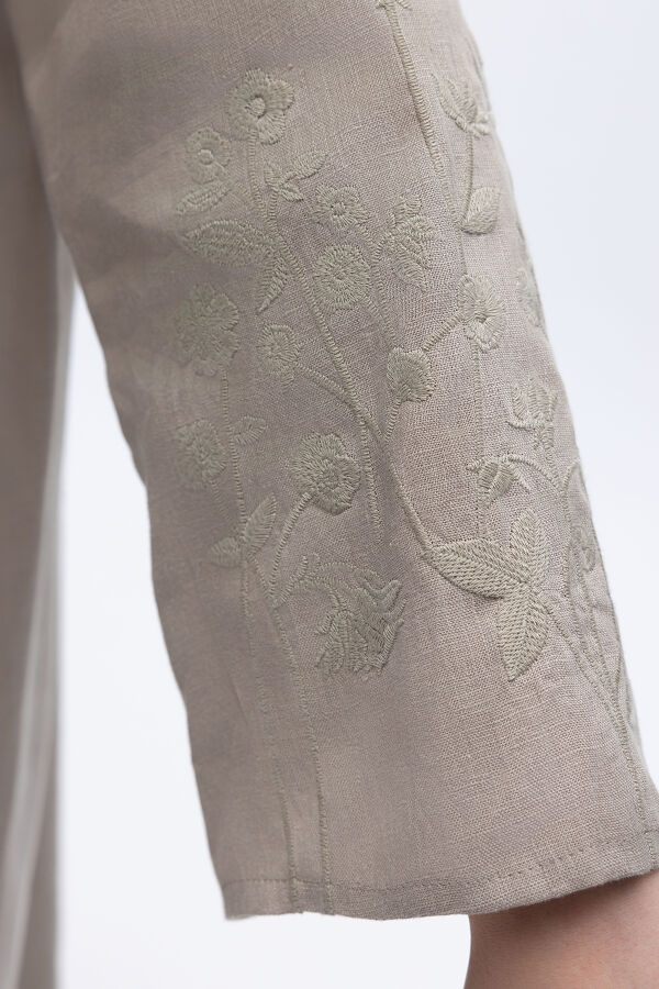 Kolları Nakışlı Uzun Keten Elbise Stone - 3