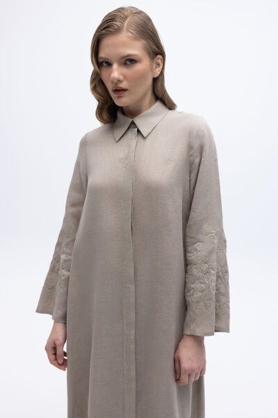 Kolları Nakışlı Uzun Keten Elbise Stone - 4