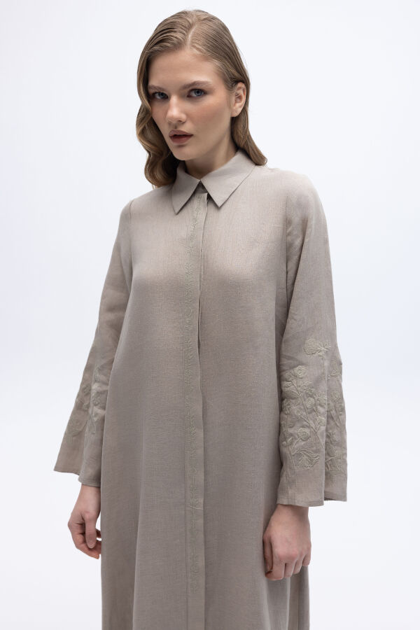 Kolları Nakışlı Uzun Keten Elbise Stone - 4