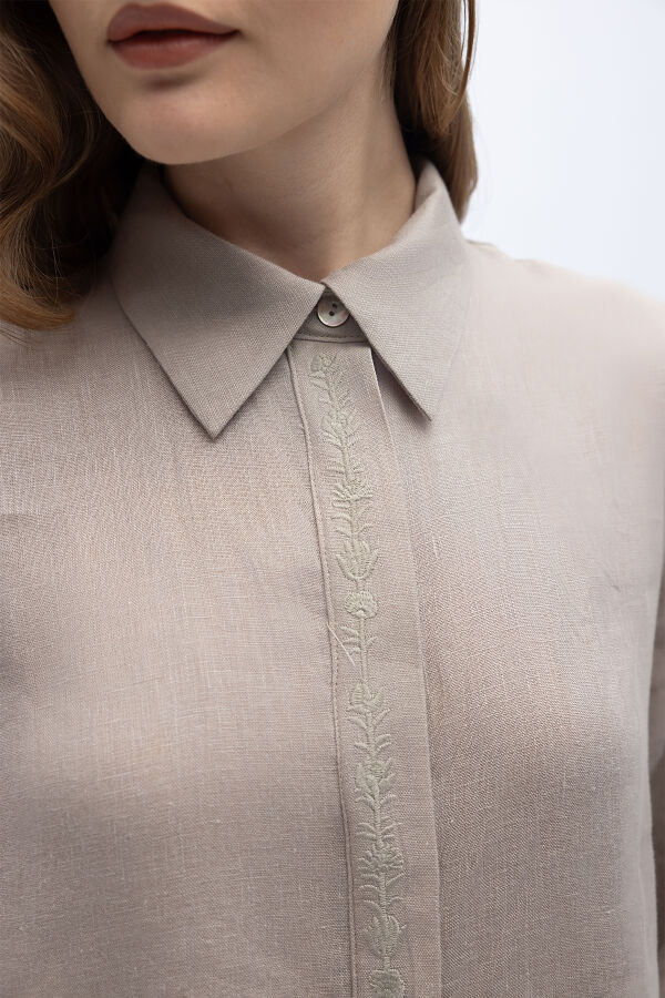 Kolları Nakışlı Uzun Keten Elbise Stone - 5