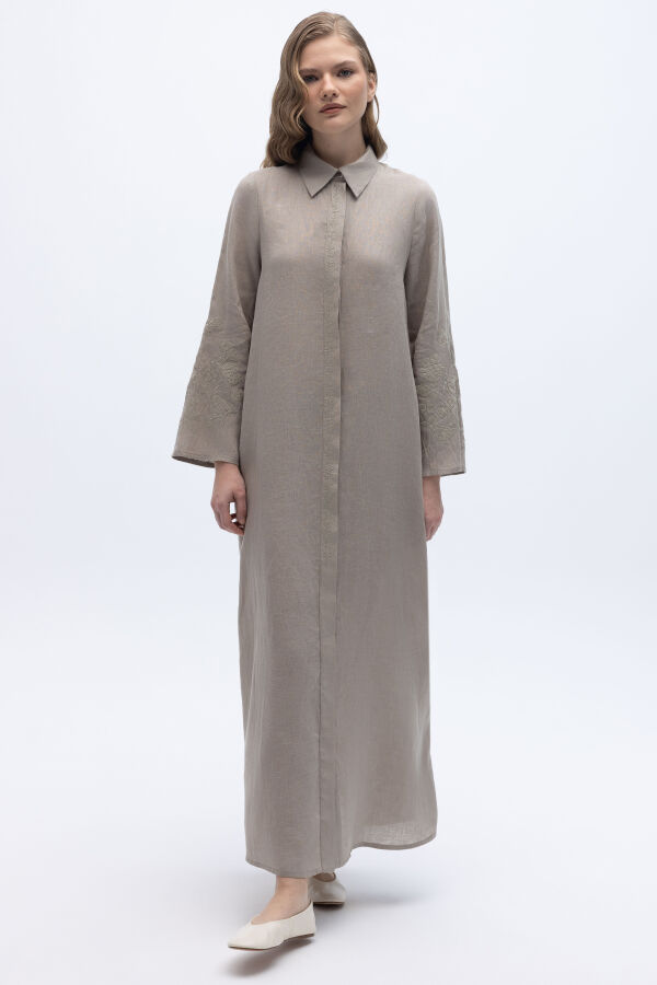 Kolları Nakışlı Uzun Keten Elbise Stone - 6