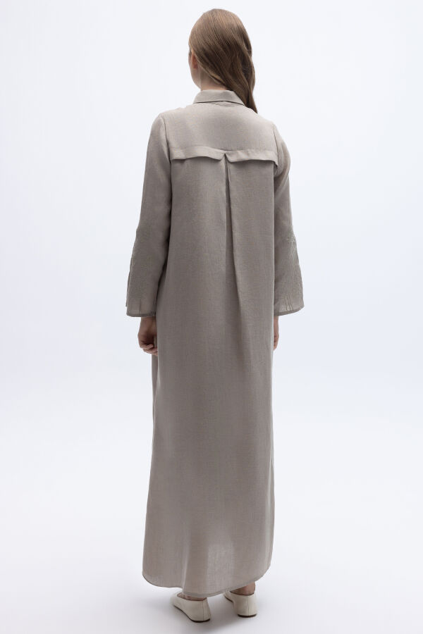 Kolları Nakışlı Uzun Keten Elbise Stone - 7