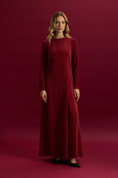 Kolları Triko Cupro Uzun Elbise Cherry - MISS DALIDA