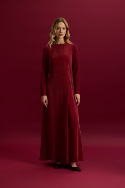 Kolları Triko Cupro Uzun Elbise Cherry - MISS DALIDA (1)