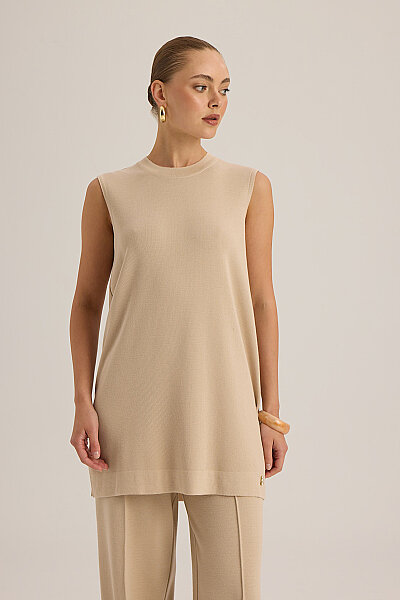  Kolsuz Basic Triko Tunik Bej - 5