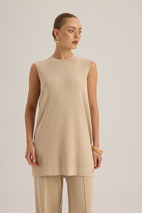  Kolsuz Basic Triko Tunik Bej - 5