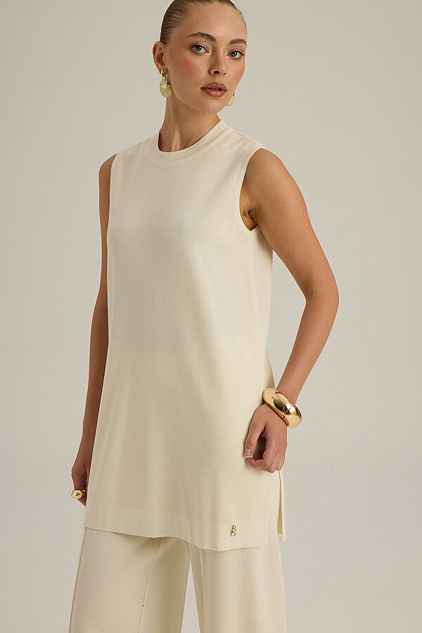  Kolsuz Basic Triko Tunik Ekru - 5