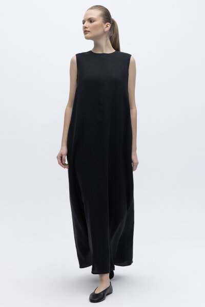 Kolsuz Düz Renk Keten Elbise Siyah 