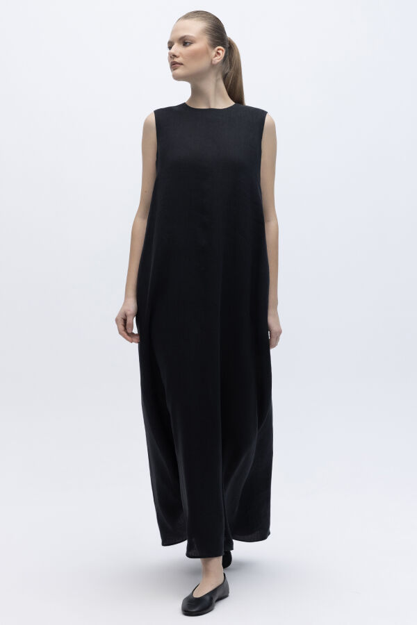 Kolsuz Düz Renk Keten Elbise Siyah - 1