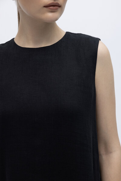 Kolsuz Düz Renk Keten Elbise Siyah - 2