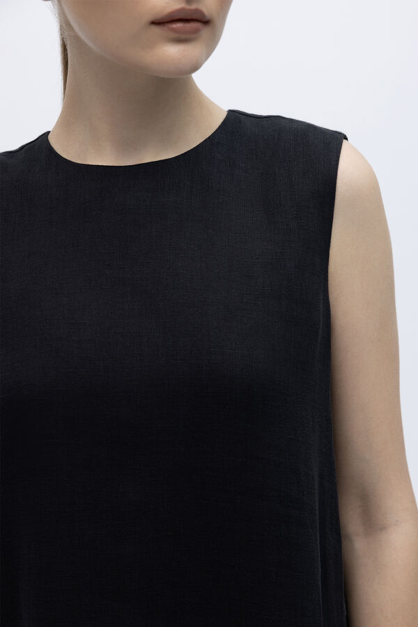 Kolsuz Düz Renk Keten Elbise Siyah - 2