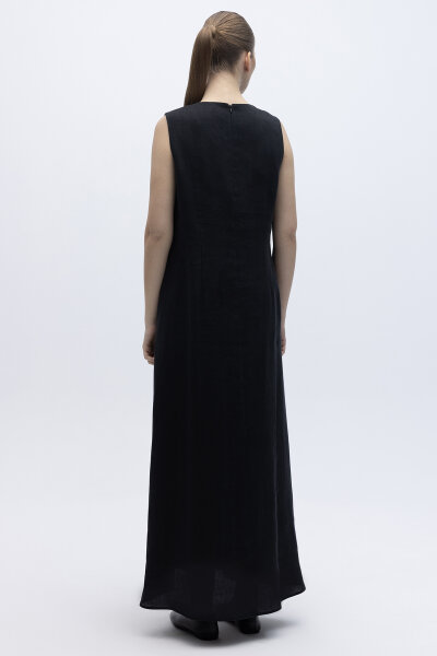 Kolsuz Düz Renk Keten Elbise Siyah - 3