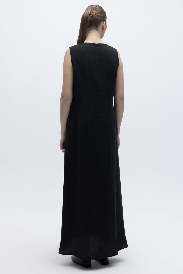 Kolsuz Düz Renk Keten Elbise Siyah - 3