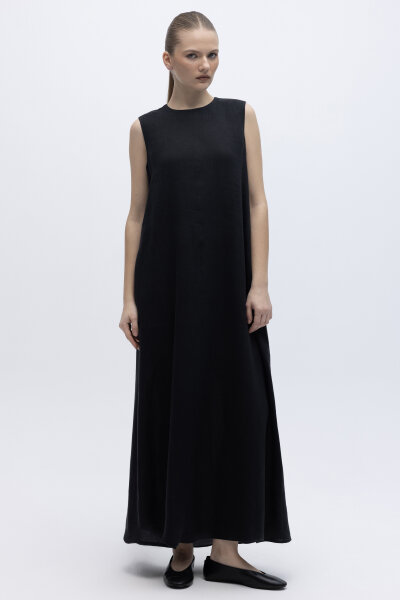 Kolsuz Düz Renk Keten Elbise Siyah - 4