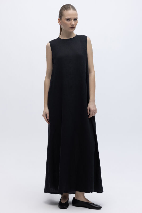 Kolsuz Düz Renk Keten Elbise Siyah - 4