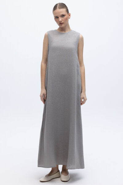 Kolsuz Düz Renk Keten Elbise Gri - 1