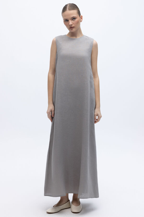 Kolsuz Düz Renk Keten Elbise Gri - 1