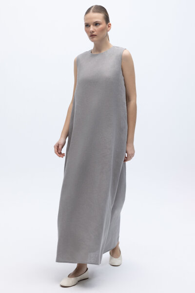 Kolsuz Düz Renk Keten Elbise Gri - 2