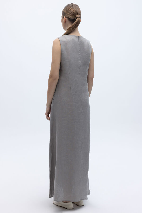 Kolsuz Düz Renk Keten Elbise Gri - 4