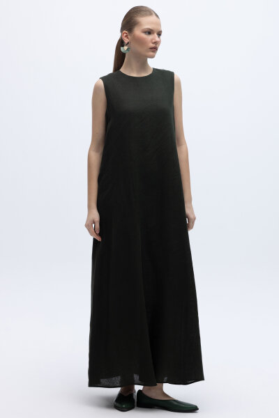 Kolsuz Düz Renk Keten Elbise Haki 