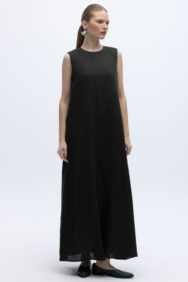 Kolsuz Düz Renk Keten Elbise Haki - 1