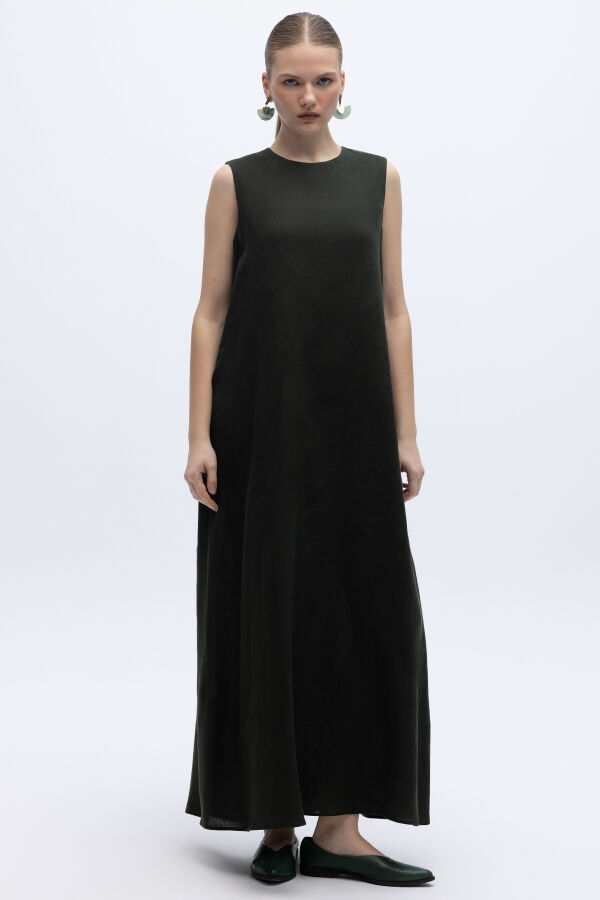 Kolsuz Düz Renk Keten Elbise Haki - 2