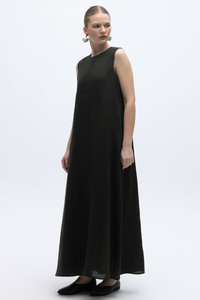 Kolsuz Düz Renk Keten Elbise Haki - 3