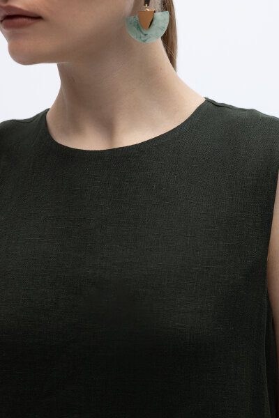 Kolsuz Düz Renk Keten Elbise Haki - 4