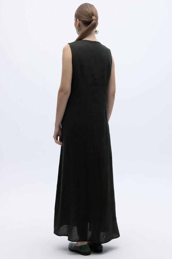 Kolsuz Düz Renk Keten Elbise Haki - 5