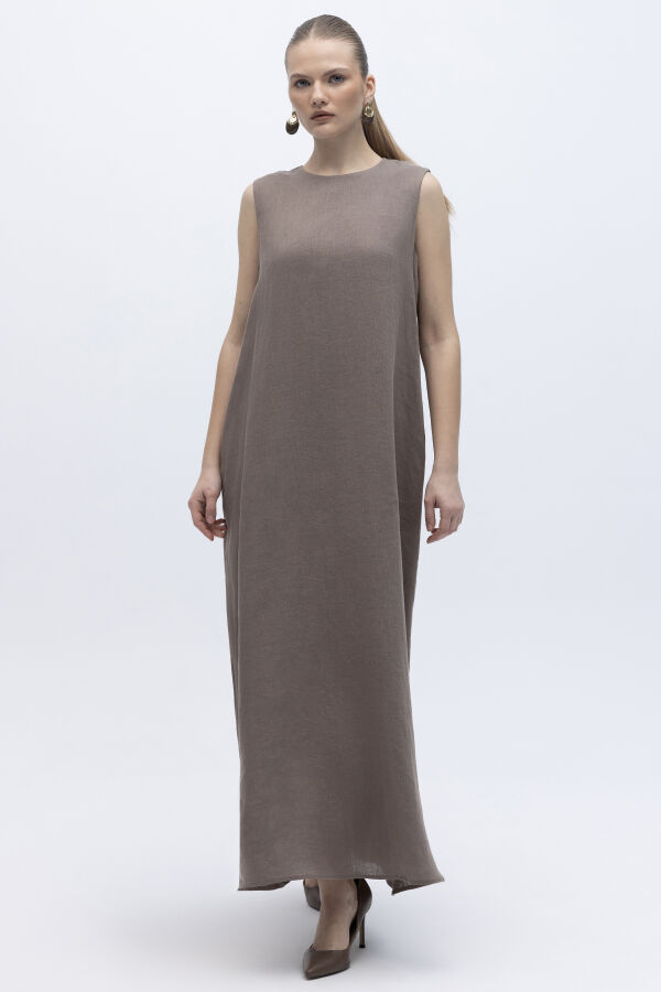 Kolsuz Düz Renk Keten Elbise Mink - 1