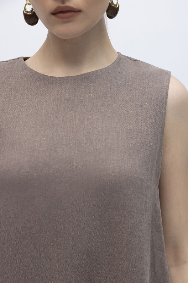 Kolsuz Düz Renk Keten Elbise Mink - 3