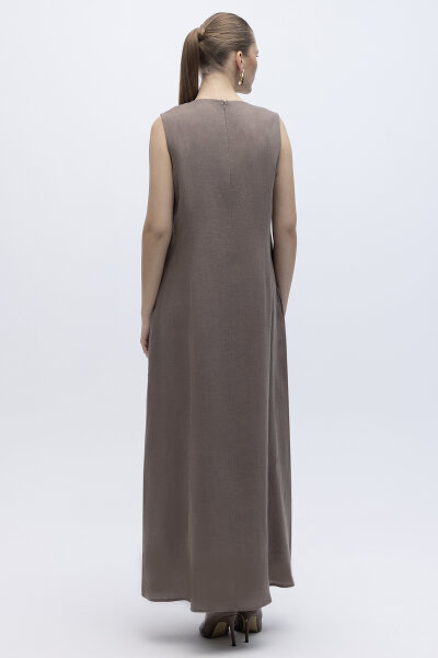 Kolsuz Düz Renk Keten Elbise Mink - 4