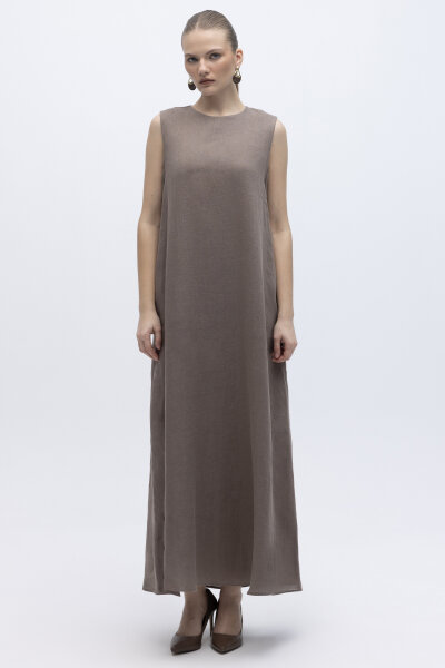 Kolsuz Düz Renk Keten Elbise Mink - 5