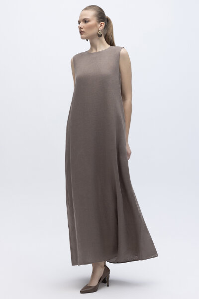 Kolsuz Düz Renk Keten Elbise Mink - 6