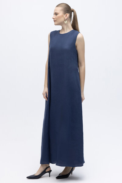 Kolsuz Düz Renk Keten Elbise Navy 
