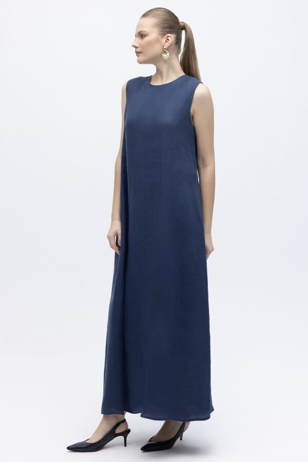 Kolsuz Düz Renk Keten Elbise Navy - 1