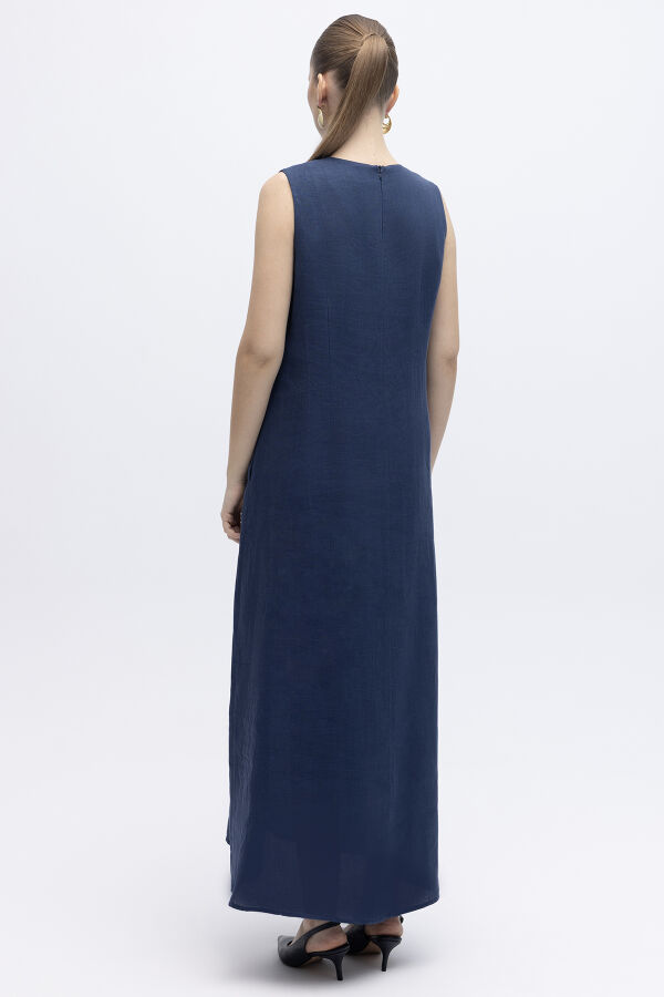 Kolsuz Düz Renk Keten Elbise Navy - 2
