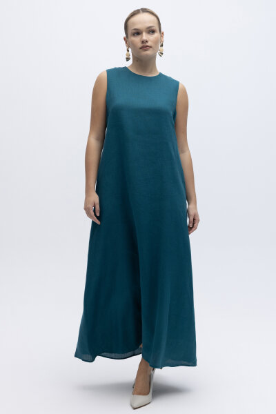 Kolsuz Düz Renk Keten Elbise North Sea - MISS DALIDA