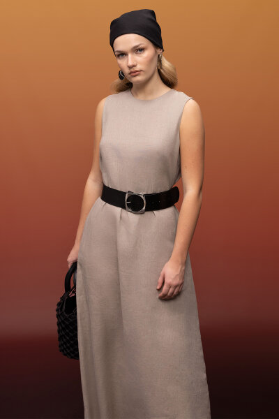 Kolsuz Düz Renk Keten Elbise Stone 