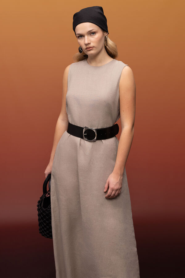 Kolsuz Düz Renk Keten Elbise Stone - 1