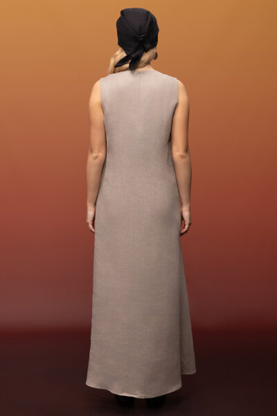 Kolsuz Düz Renk Keten Elbise Stone - 2